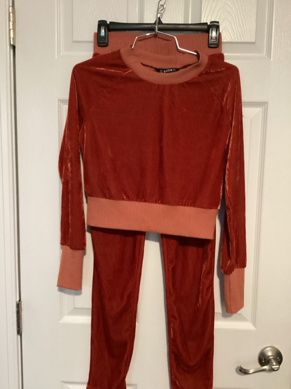 SHEIN Velvet Two-Piece Lounge Set in Rust